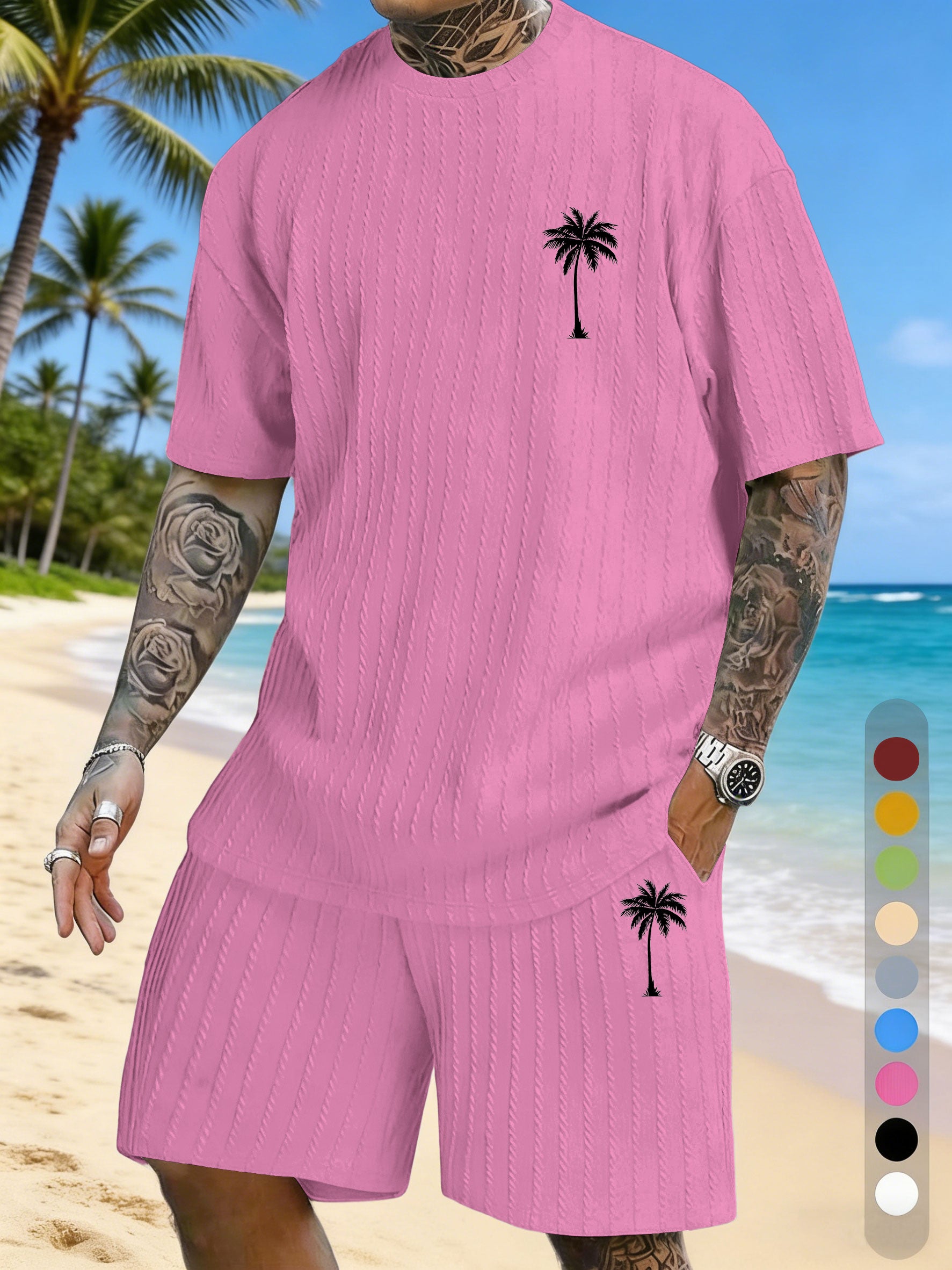 Coconut Tree Print Texture Three-dimensional Jacquard Large Size Casual Set On Chest