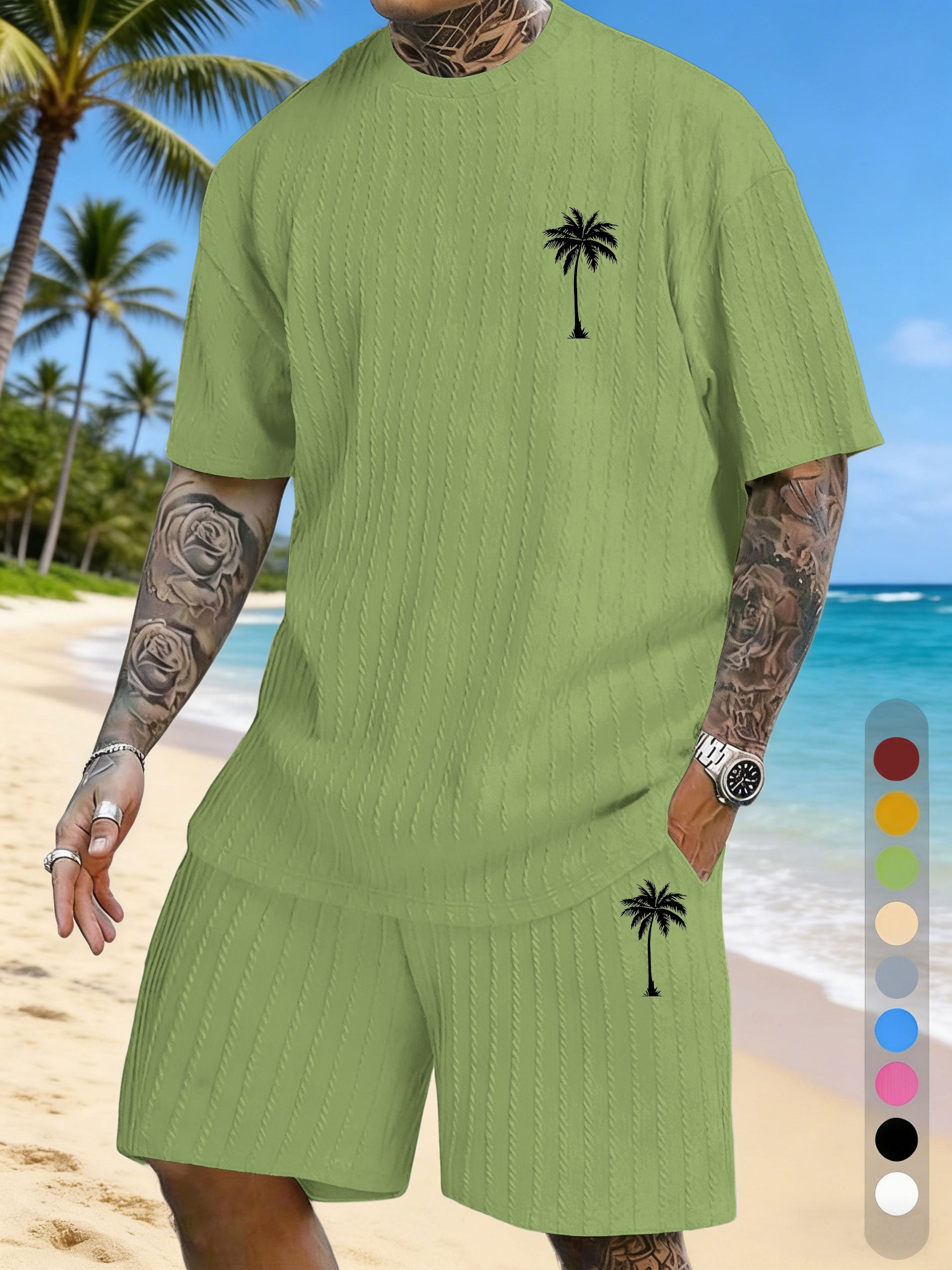 Coconut Tree Print Texture Three-dimensional Jacquard Large Size Casual Set On Chest