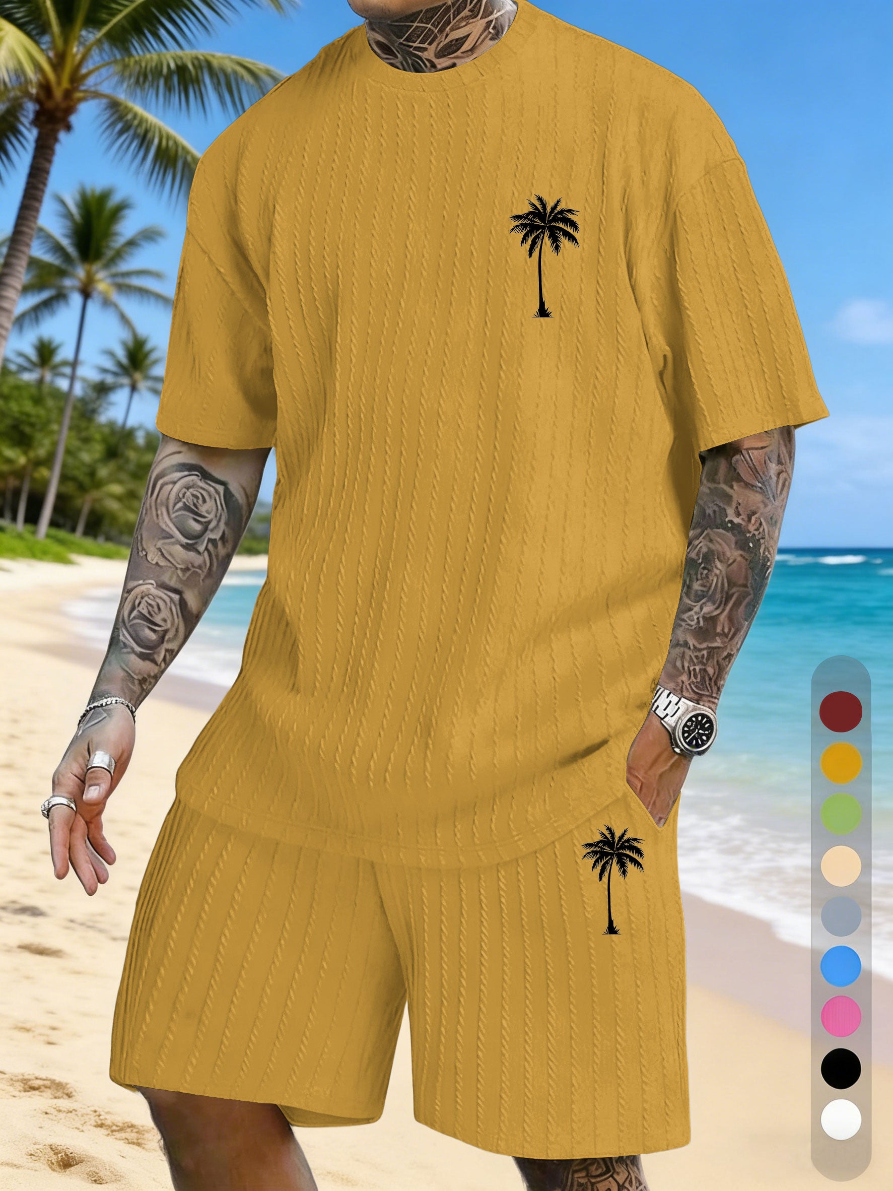 Coconut Tree Print Texture Three-dimensional Jacquard Large Size Casual Set On Chest