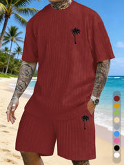 Coconut Tree Print Texture Three-dimensional Jacquard Large Size Casual Set On Chest