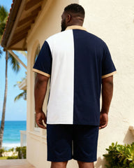 Big & Tall Men's Simple Casual Royal Blue & White Beautiful Slogan Side Printed POLO Shirt Shorts Set