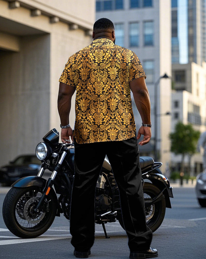 Big & Tall Men's Gold Baroque Short Sleeve Shirt Pants Set