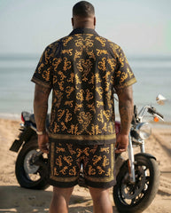 Big & Tall Men's Luxury Baroque Pattern Gold 7 Black Short Sleeve Cardigan Shirt Shorts Set