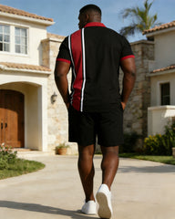 Men's Plus Size Black & Red Classic Contrast Printed Short Sleeve Polo Shirt Shorts Set