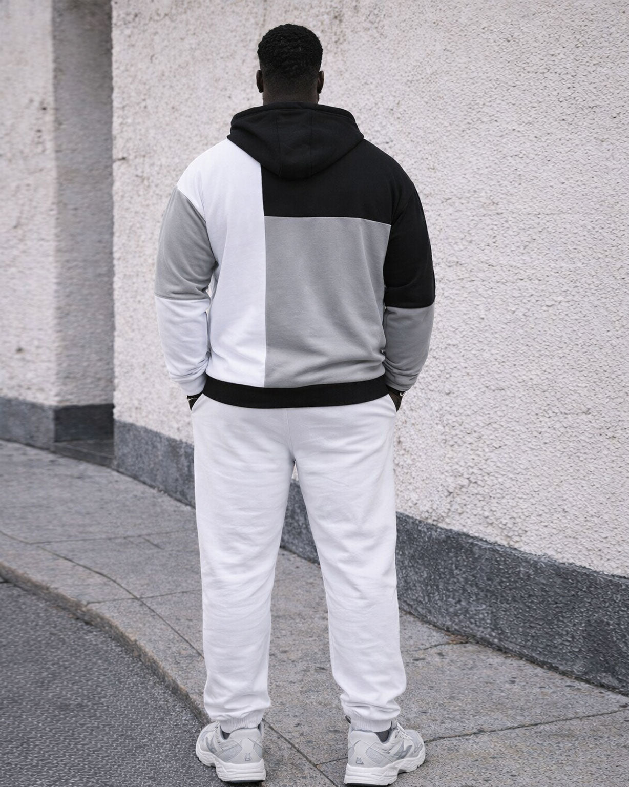 Large Size Men's Autumn And Winter Warm Classic Black Gray White Contrast Color Geometric Stitching Printed Hoodie Sweatpants Set