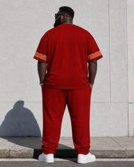 Big & Tall Men's Red King Cuff Feature Design Chest Crown Print Short Sleeve T-Shirt Sport Pants Set