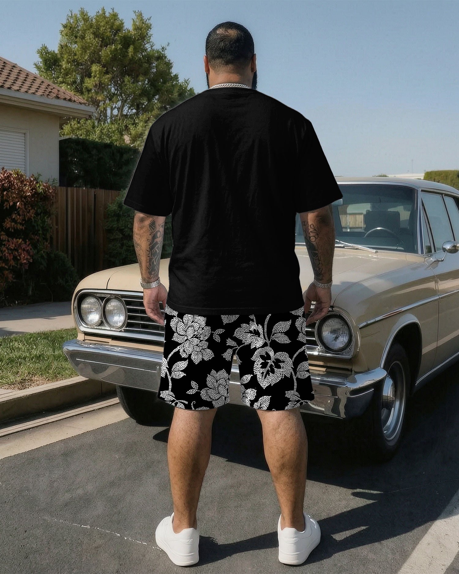 Big & Tall Men' Chest Print Street Style Short Sleeve T-shirt Shorts Set