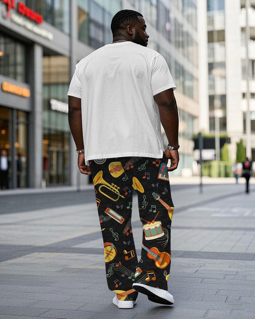 Big & Tall Men's Music Print Black Loose Knit Trousers