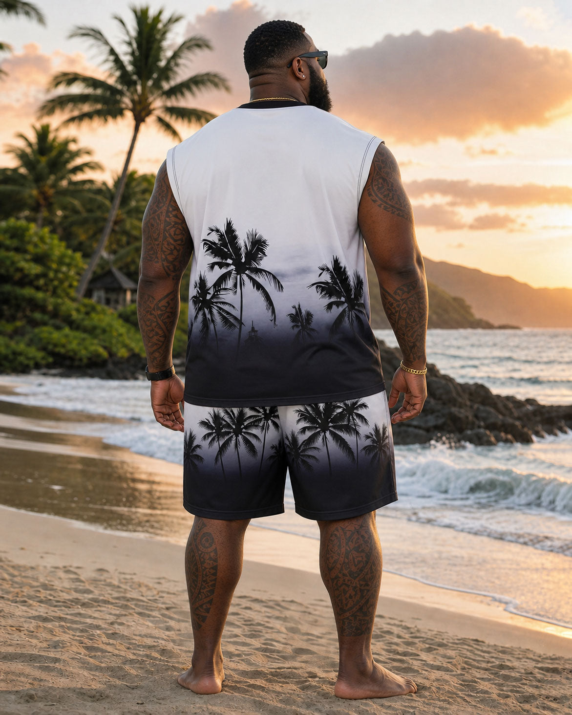 Big & Tall Men's Black & White Gradient Plant Silhouette Print Scene Vest Shorts Set