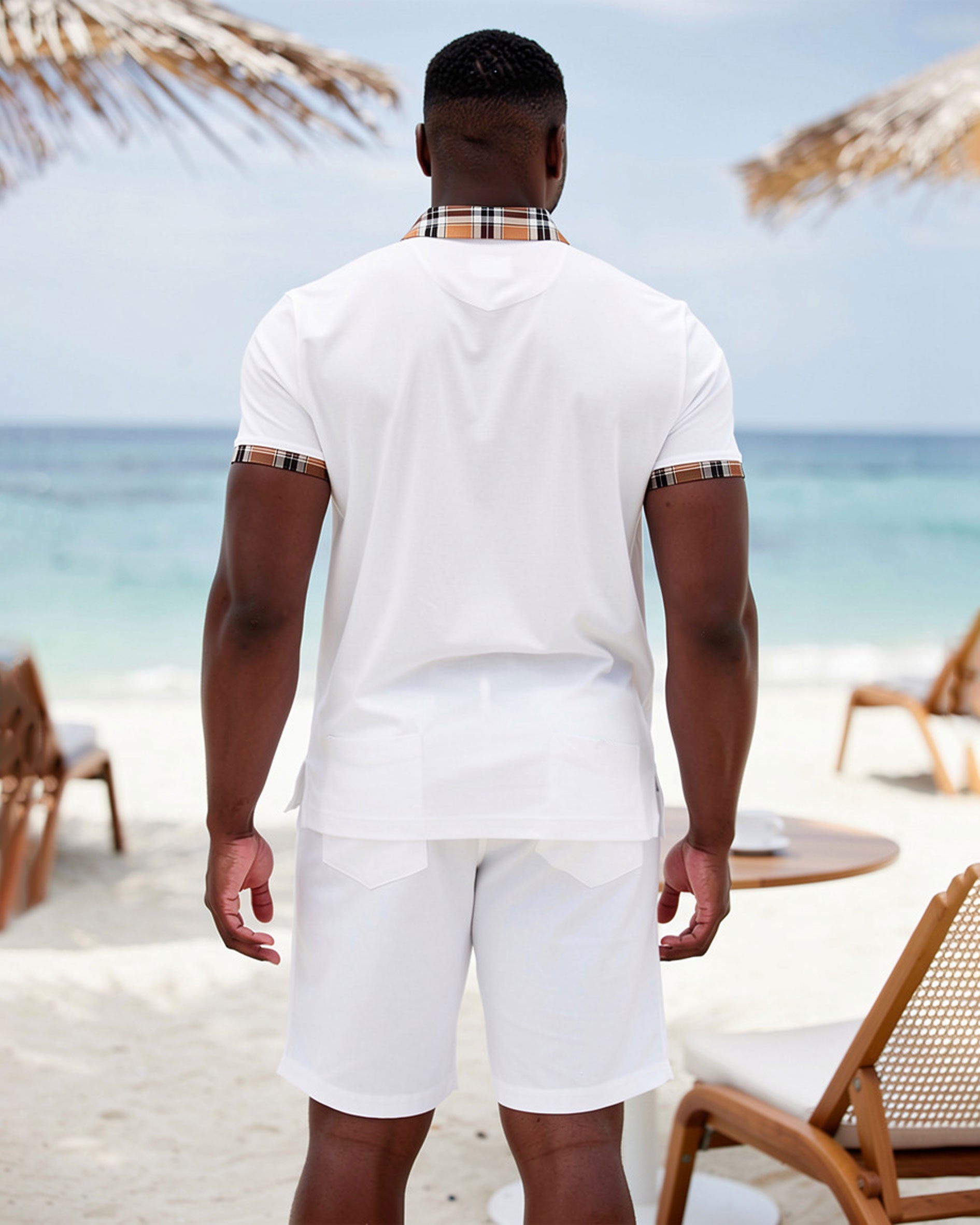 Big & Tall Men's Holiday Leisure Hawaii Neck Features Spliced Khaki Plaid POLO Shirt Short Sleeve White Suit