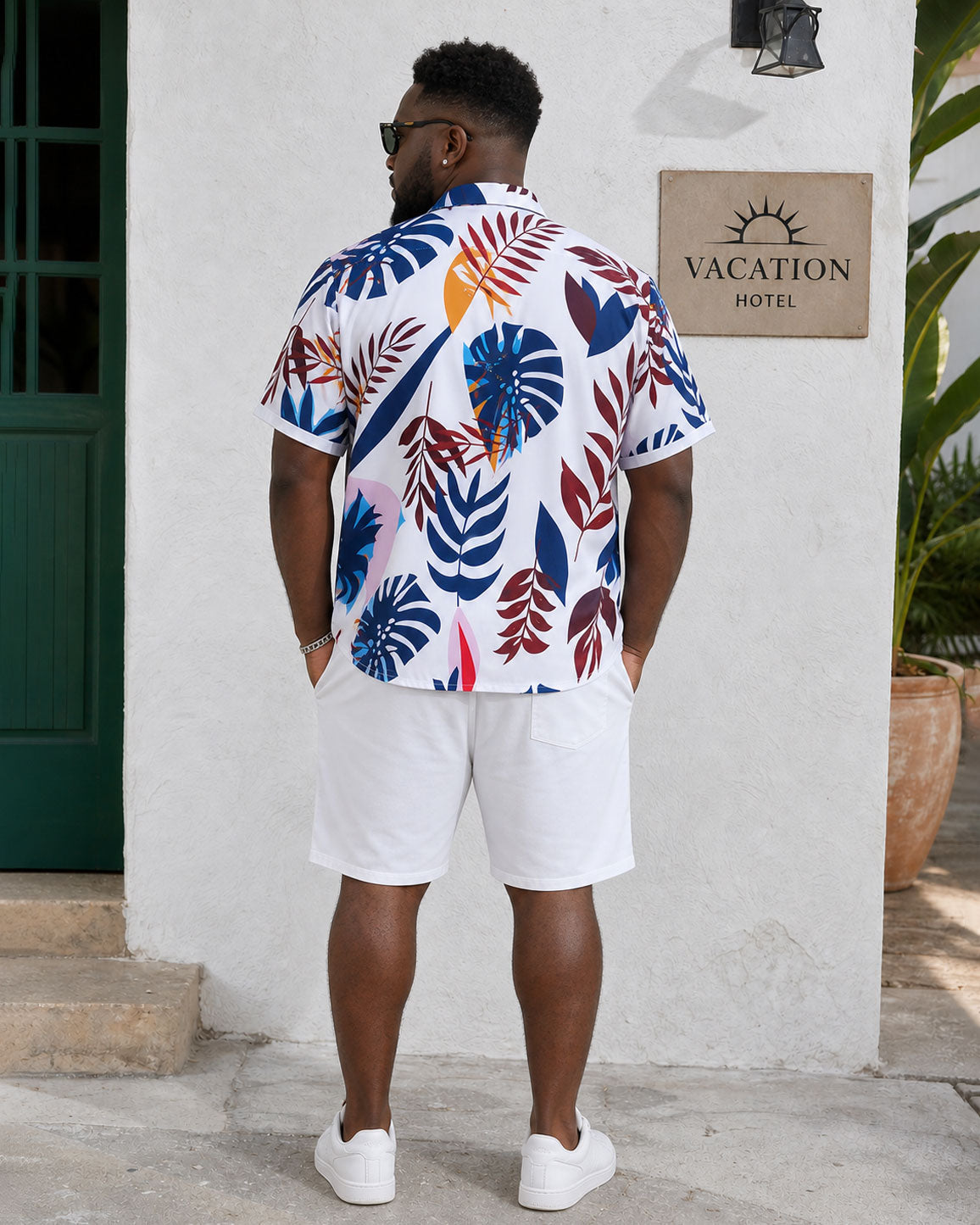 Big & Tall Men's Hawaiian Classic Floral Shirt Big Leaf Floral Print Short Sleeve Button-Up Shirt Shorts Set