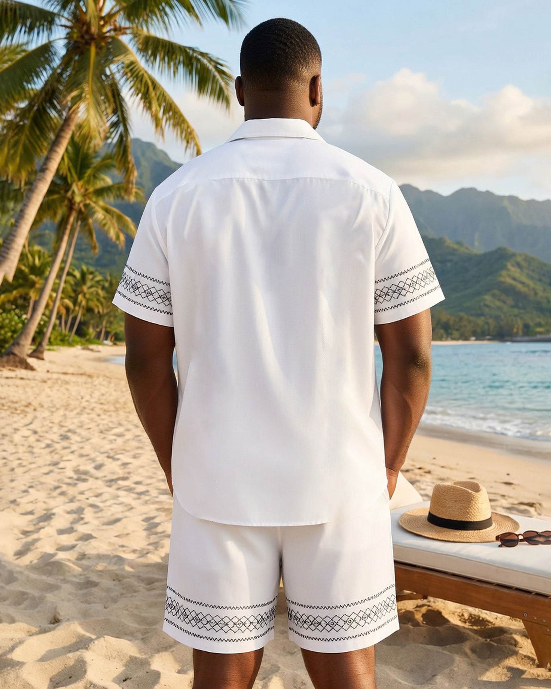 Big & Tall Men's Holiday Simple Geometric Line Symmetrical White Button Short Sleeve Shirt Shorts Set