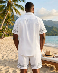 Big & Tall Men's Holiday Simple Geometric Line Symmetrical White Button Short Sleeve Shirt Shorts Set