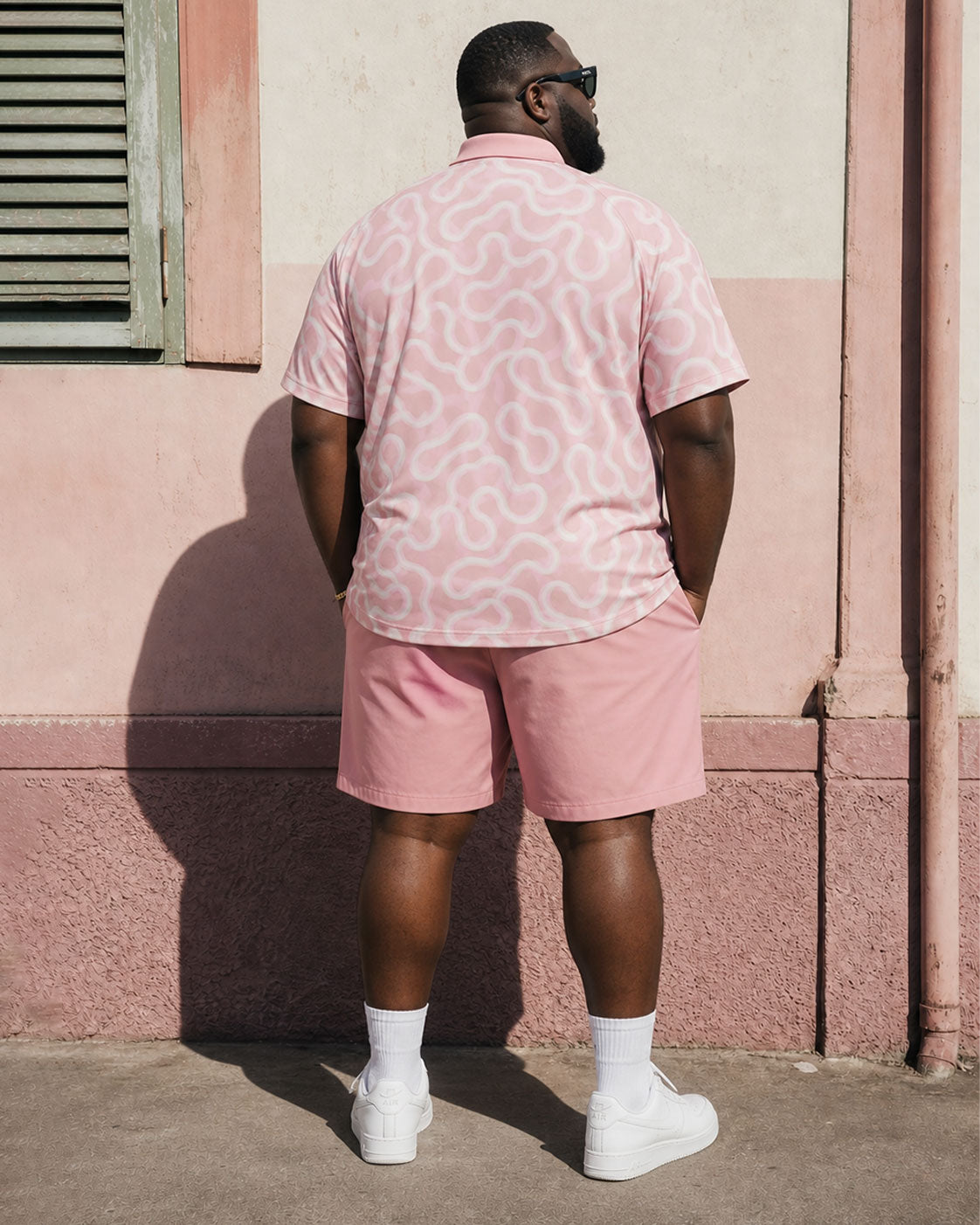 Big & Tall Men's Pink High-end Jacquard Business Leisure Vacation POLO Shirt Short-sleeved Shorts Set