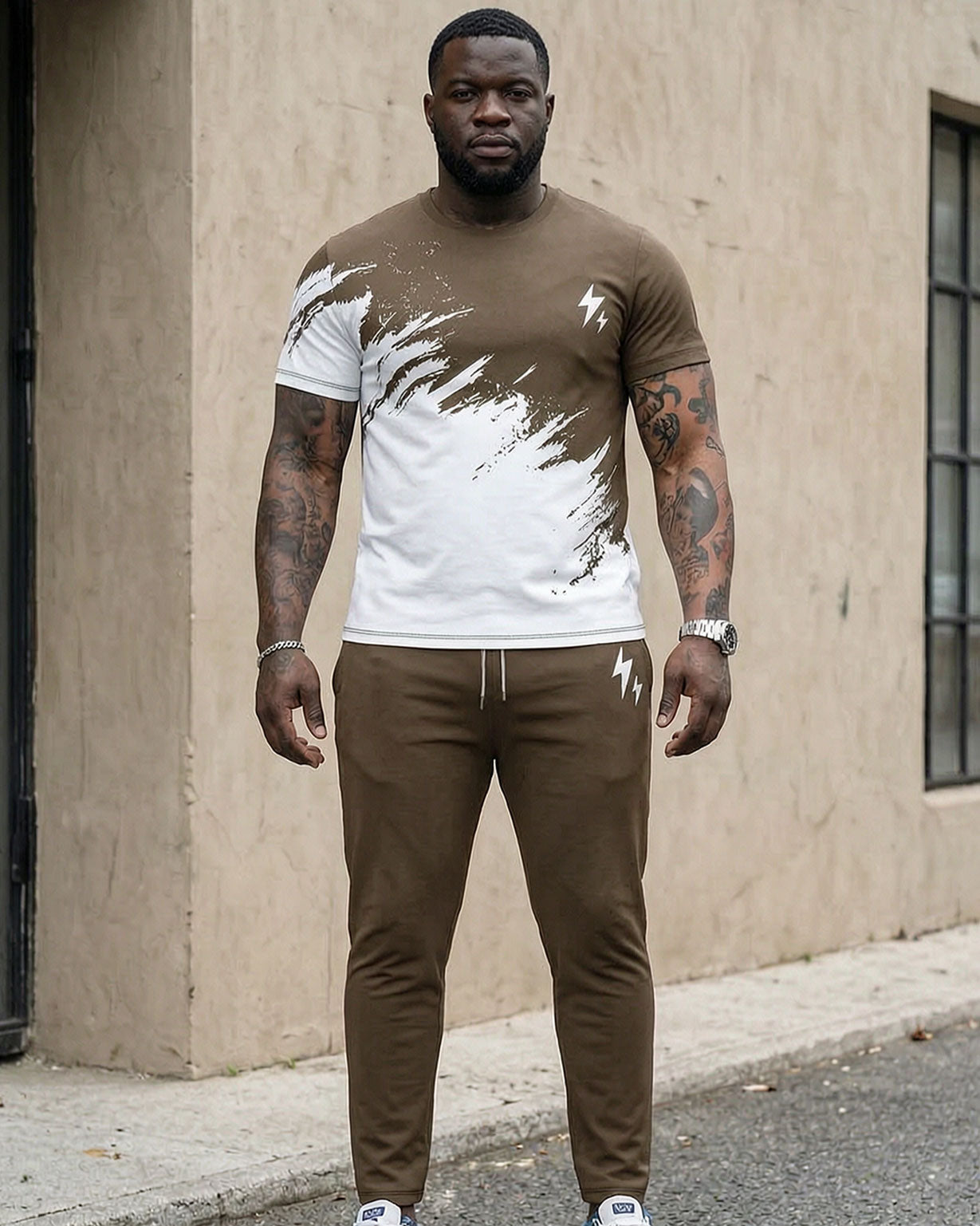 Big & Tall Men's Khaki * White Splash Ink Design Chest Small Label Letter Print Short Sleeve T-Shirt Pants Set