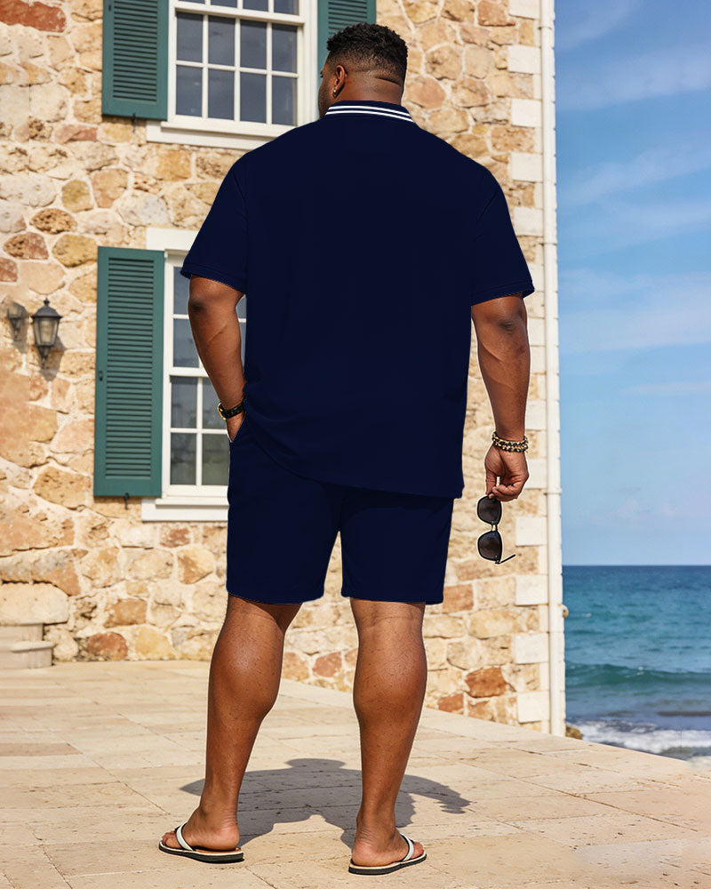 Large Size Men's Spring And Summer Leisure Vacation Dark Treasure Blue Contrast Stitching Chest Small Label Printed Party Dating Valentine's Day Short Sleeve POLO Shirt Shorts Set