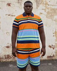 Big & Tall Men's Rainbow Contrast Striped Polo Shirt Short Sleeve Shorts Set