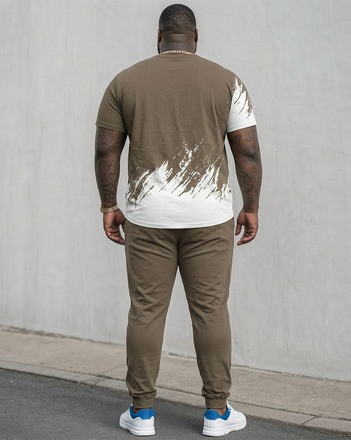 Big & Tall Men's Khaki * White Splash Ink Design Chest Small Label Letter Print Short Sleeve T-Shirt Pants Set