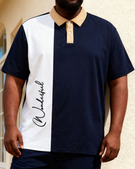 Big & Tall Men's Simple Casual Royal Blue & White Beautiful Slogan Side Printed POLO Shirt Shorts Set