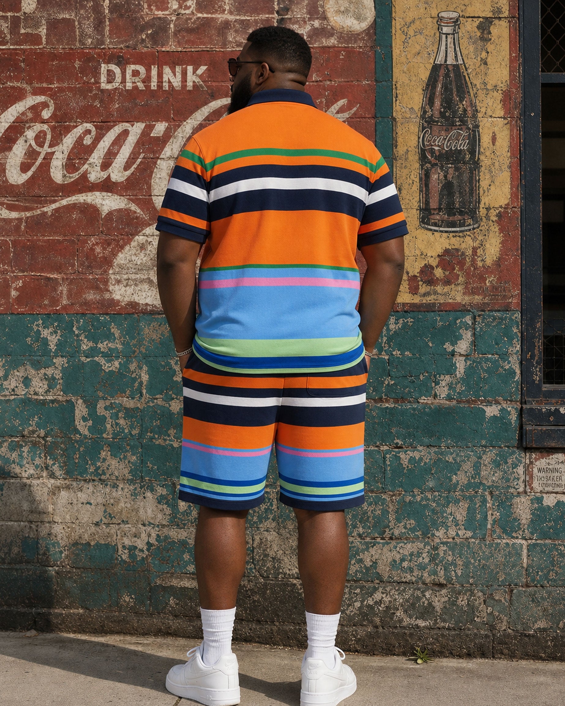 Big & Tall Men's Rainbow Contrast Striped Polo Shirt Short Sleeve Shorts Set