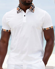 Big & Tall Men's Holiday Leisure Hawaii Neck Features Spliced Khaki Plaid POLO Shirt Short Sleeve White Suit