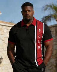 Men's Plus Size Black & Red Classic Contrast Printed Short Sleeve Polo Shirt Shorts Set