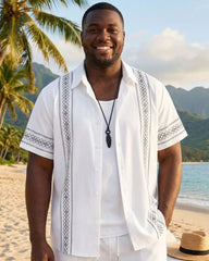Big & Tall Men's Holiday Simple Geometric Line Symmetrical White Button Short Sleeve Shirt Shorts Set