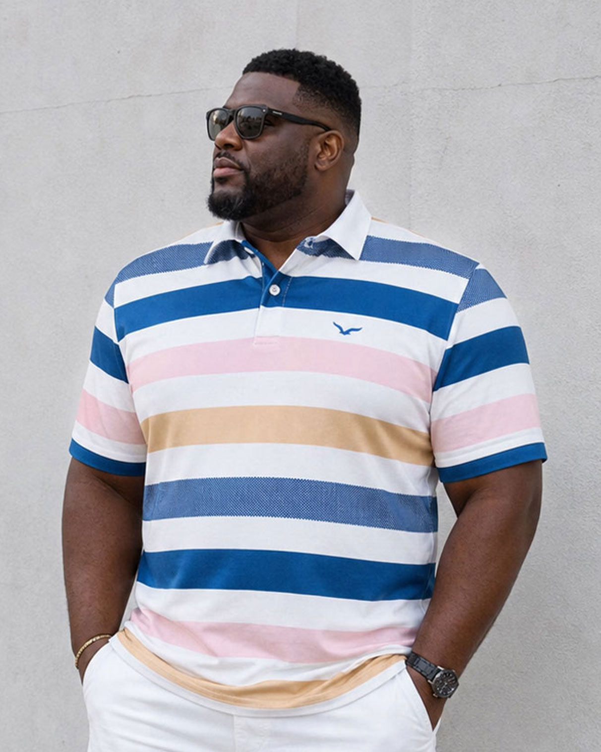 Big & Tall Men's Summer Casual Blue Striped With White Shorts POLO Shirt Short Sleeve Shorts Set