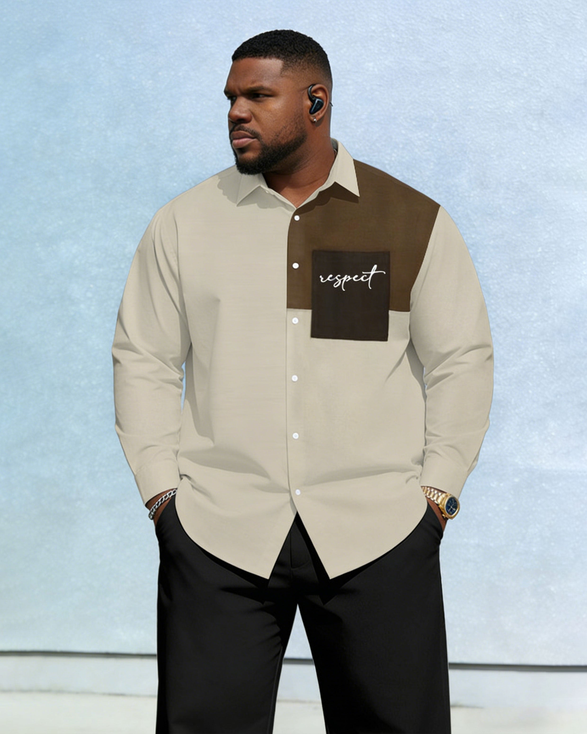 Men's Plus Size Casual Holiday Dating Colour Block Patchwork Khaki Letter Pocket Printed Wrinkle-resistant New Lassel Long Sleeve Shirt