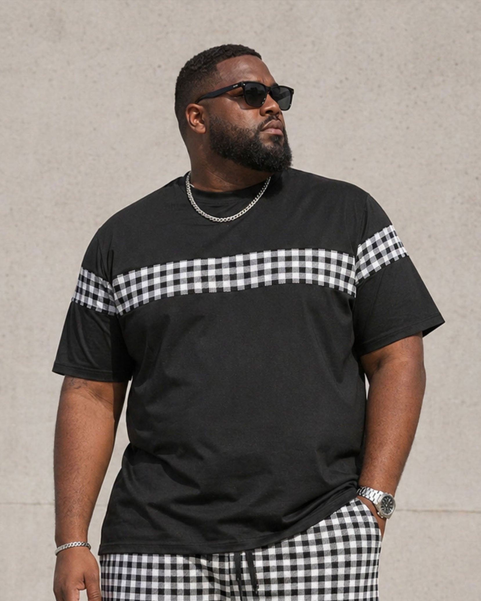 Big & Tall Men's Classic Black And White Plaid Contrast-Patchwork Short-Sleeve T-Shirt And Shorts Set