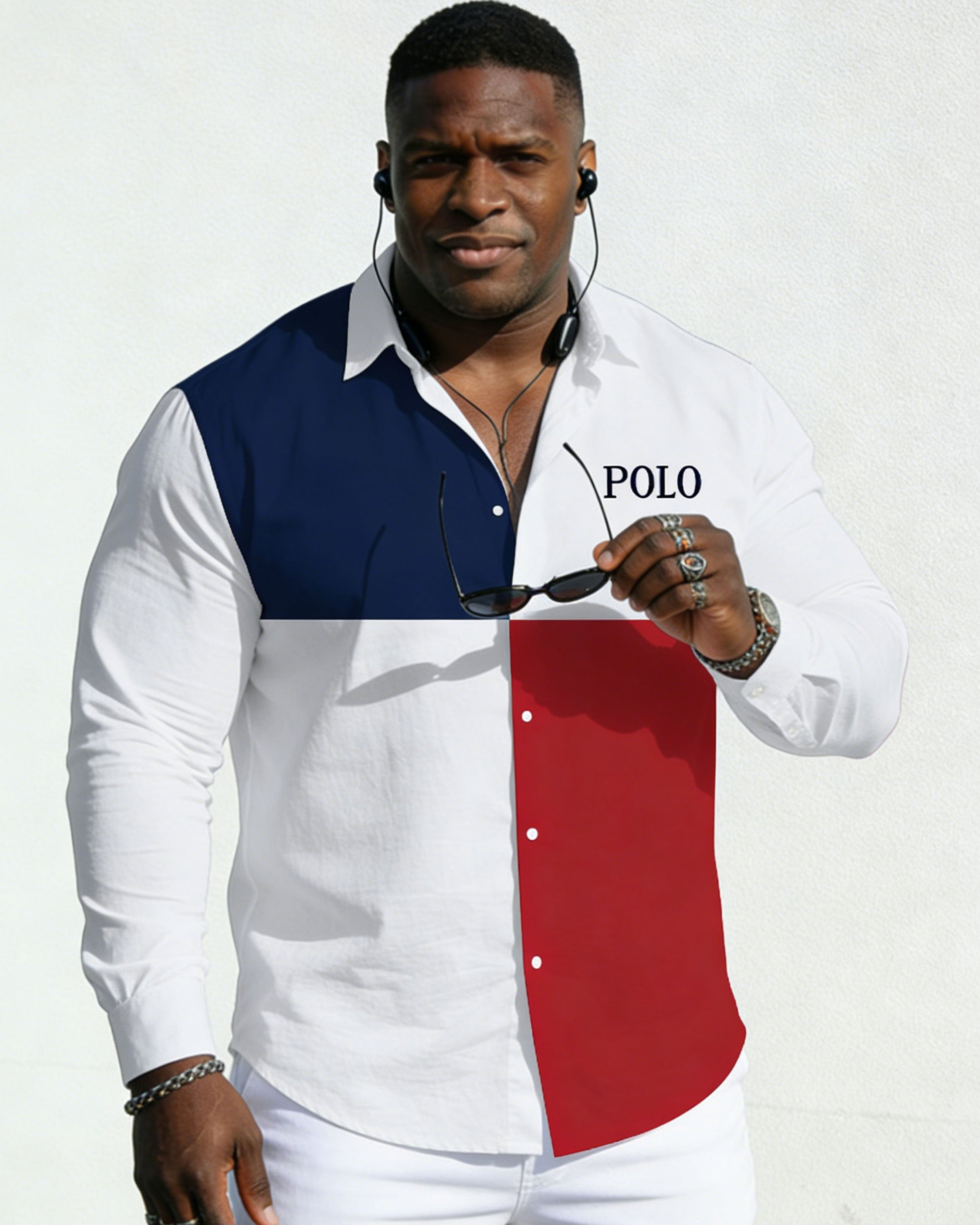 Men's Plus Size Casual Vacation Party Couple Dressing Dress Up Blue & White & Red Stitching Chest Small Label Printed Wrinkle-resistant New Lap-collar Long-sleeved Shirt