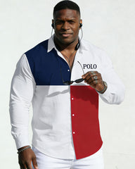 Men's Plus Size Casual Vacation Party Couple Dressing Dress Up Blue & White & Red Stitching Chest Small Label Printed Wrinkle-resistant New Lap-collar Long-sleeved Shirt