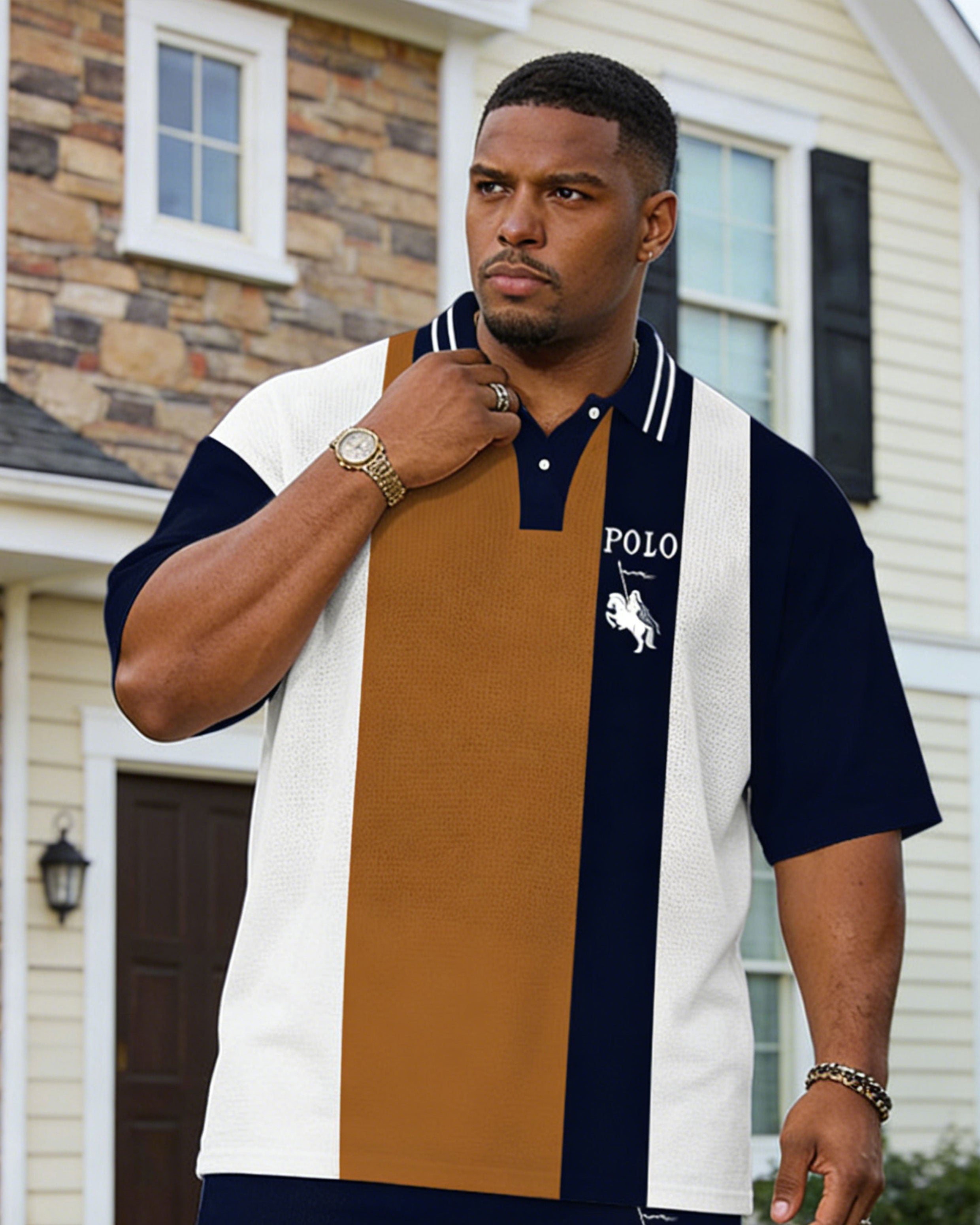 Large Size Men's Spring And Summer Leisure Vacation Dark Treasure Blue Contrast Stitching Chest Small Label Printed Party Dating Valentine's Day Short Sleeve POLO Shirt Shorts Set