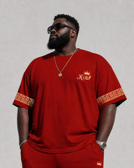 Big & Tall Men's Red King Cuff Feature Design Chest Crown Print Short Sleeve T-Shirt Sport Pants Set