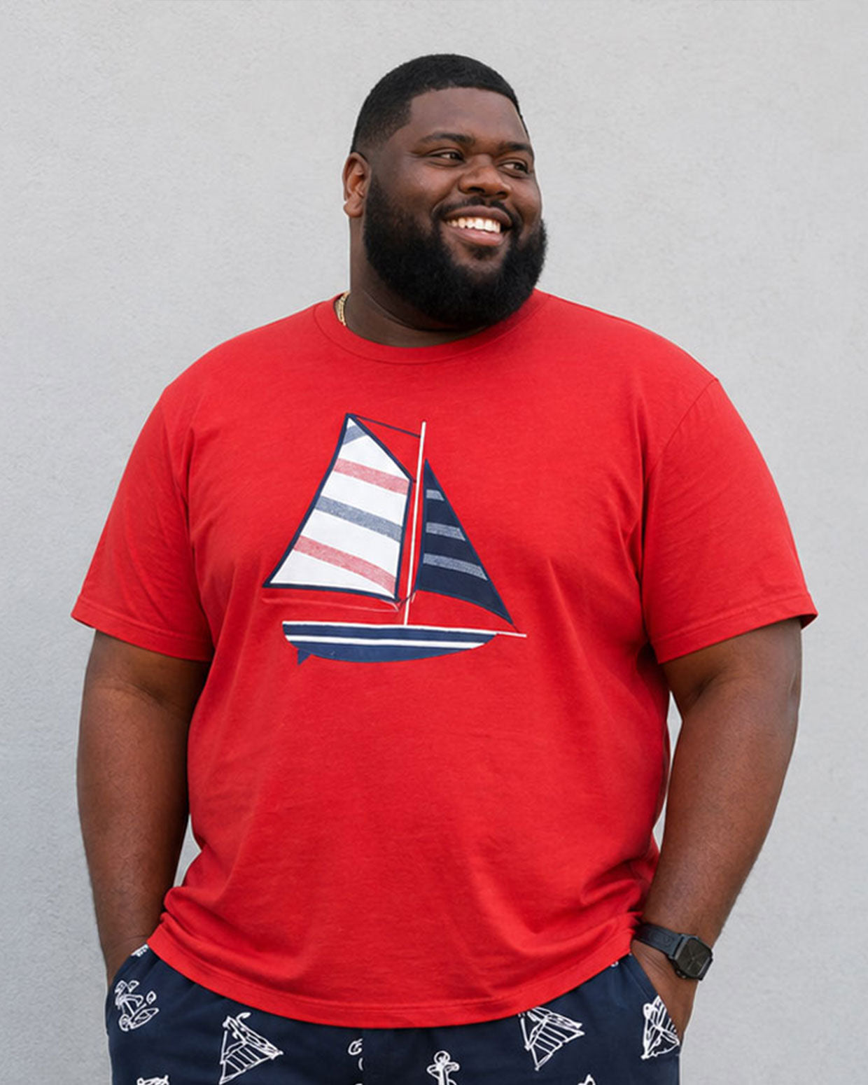 Big & Tall Men's Sailing Print Red & Scarlet Blue T-Shirt Shorts Set