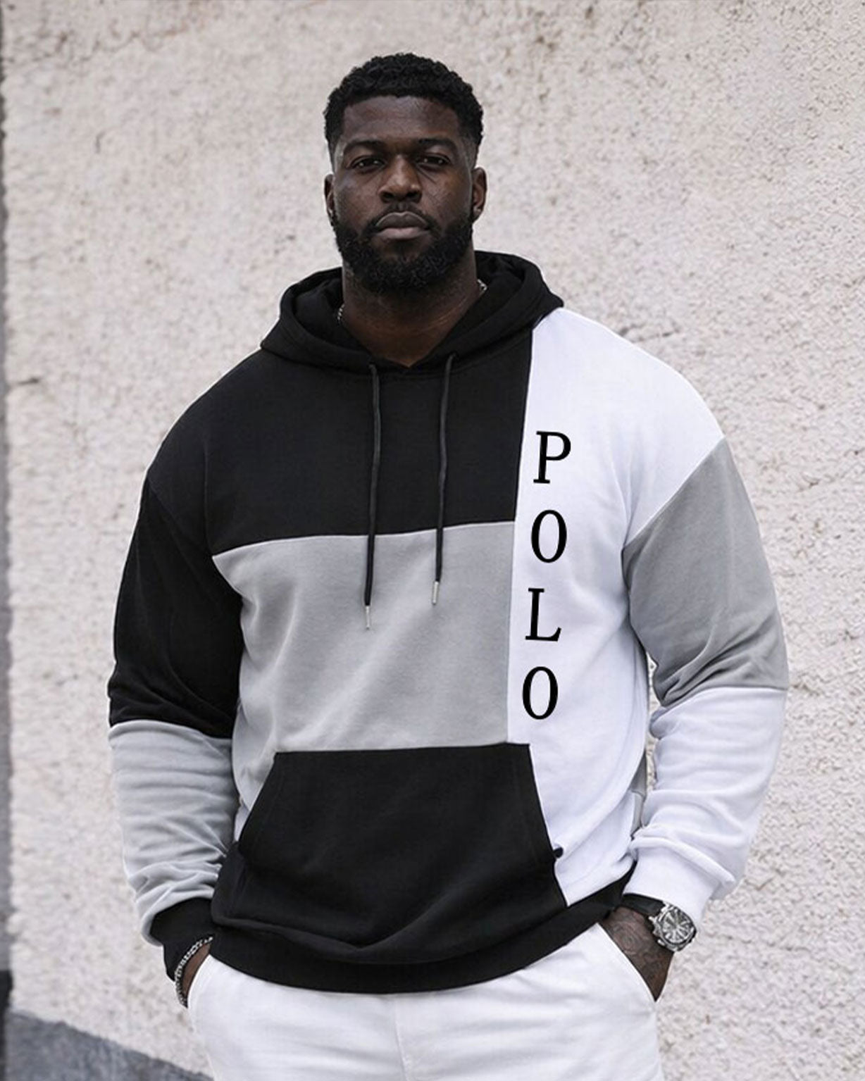 Large Size Men's Autumn And Winter Warm Classic Black Gray White Contrast Color Geometric Stitching Printed Hoodie Sweatpants Set