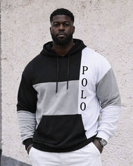 Large Size Men's Autumn And Winter Warm Classic Black Gray White Contrast Color Geometric Stitching Printed Hoodie Sweatpants Set