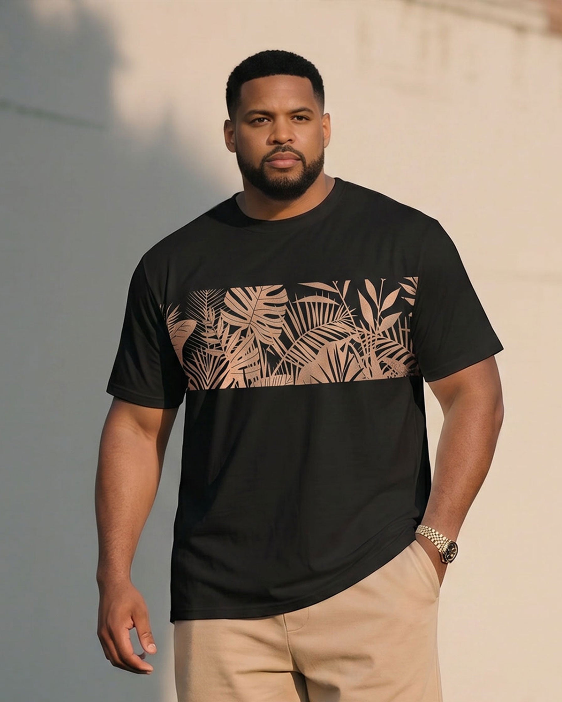 Big & Tall Men's Khaki & Black Hawaiian Casual Stitching T-Shirt Shorts Set