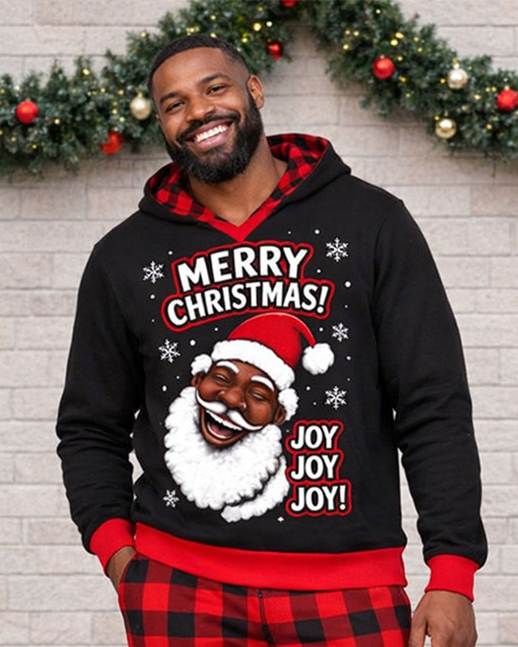 Large Size Men's Autumn And Winter Warm Red Christmas Plaid Stitching Chest Large Printed Hoodie Sweatpants Set