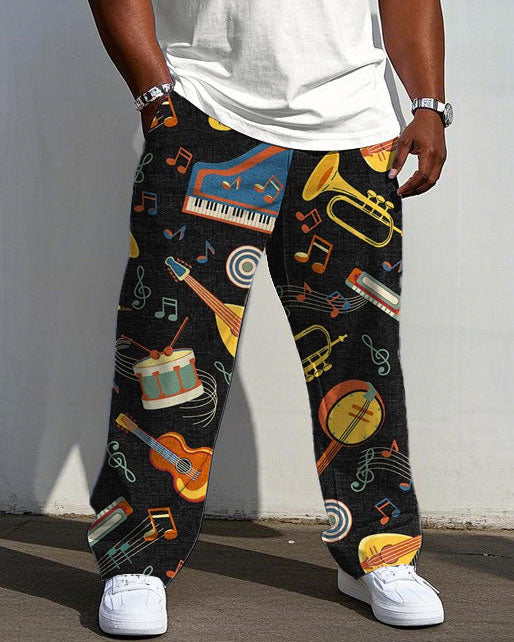 Big & Tall Men's Music Print Black Loose Knit Trousers