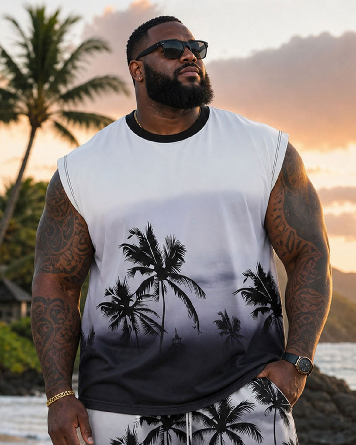 Big & Tall Men's Black & White Gradient Plant Silhouette Print Scene Vest Shorts Set