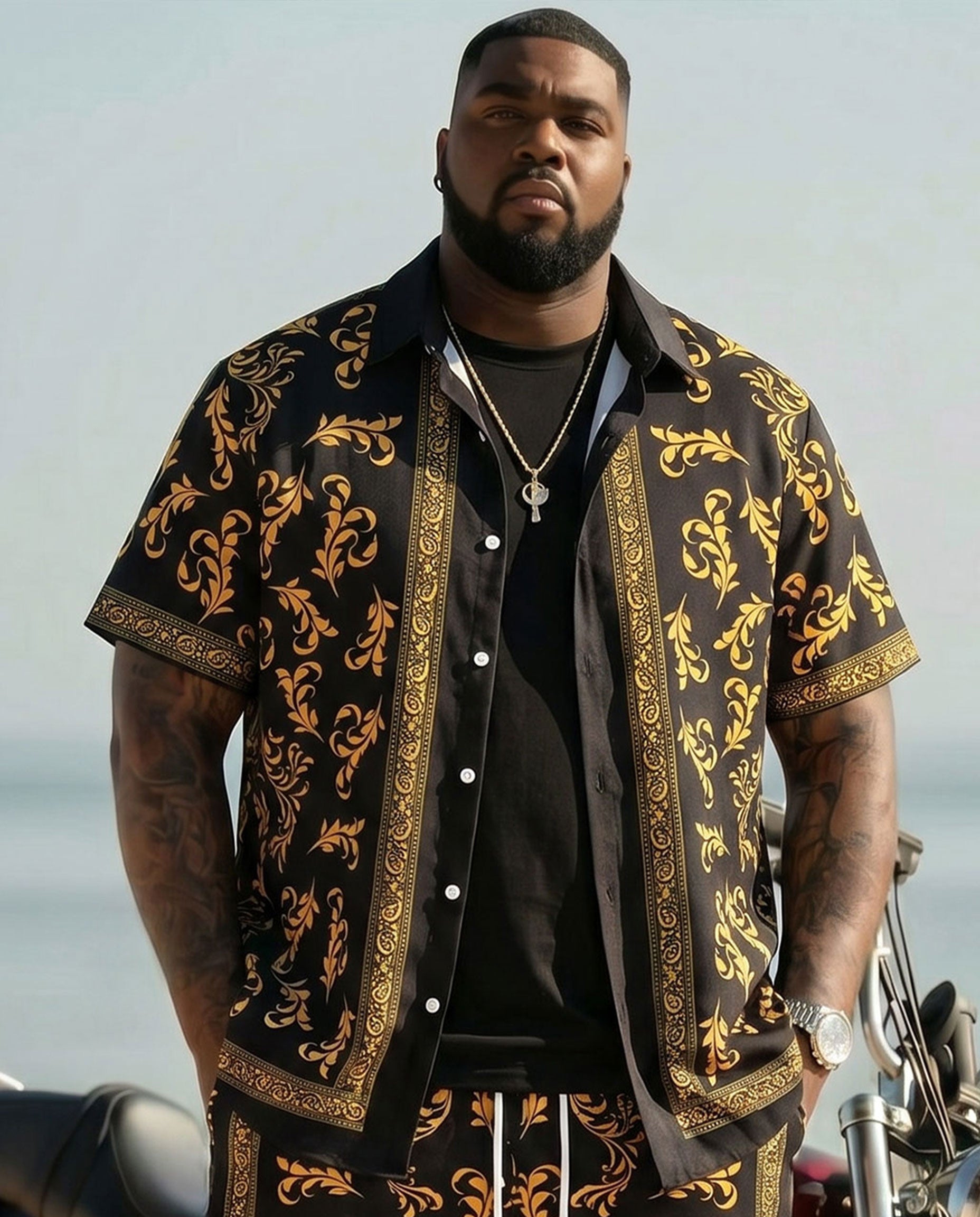 Big & Tall Men's Luxury Baroque Pattern Gold 7 Black Short Sleeve Cardigan Shirt Shorts Set