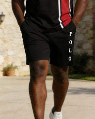 Men's Plus Size Black & Red Classic Contrast Printed Short Sleeve Polo Shirt Shorts Set