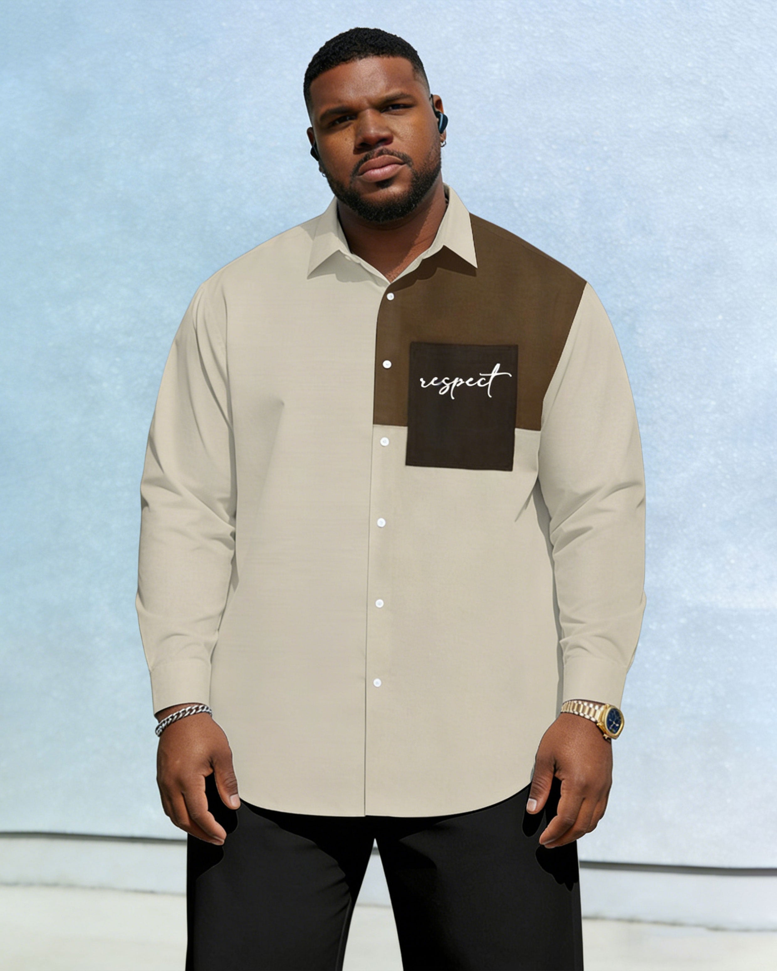 Men's Plus Size Casual Holiday Dating Colour Block Patchwork Khaki Letter Pocket Printed Wrinkle-resistant New Lassel Long Sleeve Shirt