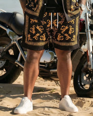 Big & Tall Men's Luxury Baroque Pattern Gold 7 Black Short Sleeve Cardigan Shirt Shorts Set