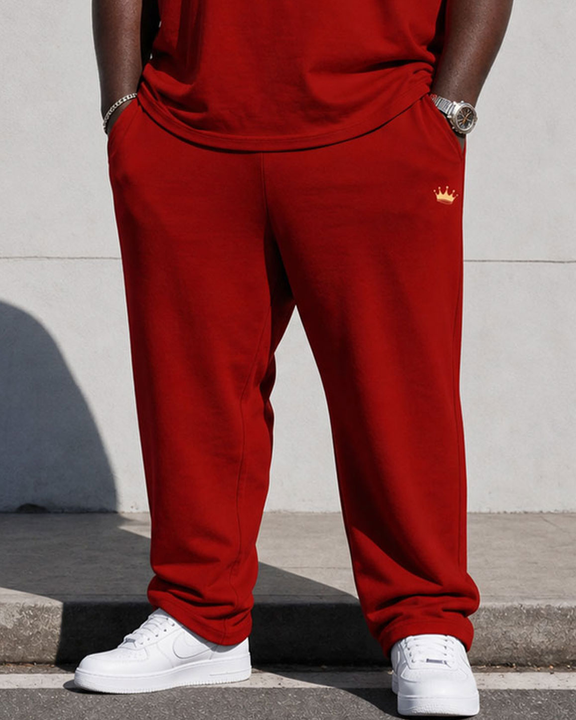 Big & Tall Men's Red King Cuff Feature Design Chest Crown Print Short Sleeve T-Shirt Sport Pants Set