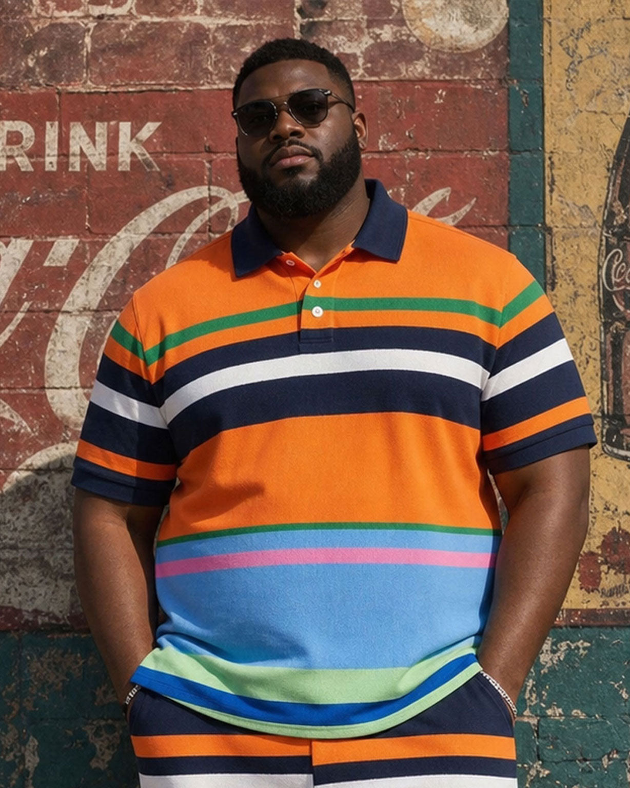 Big & Tall Men's Rainbow Contrast Striped Polo Shirt Short Sleeve Shorts Set