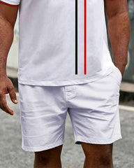 Big & Tall Men's Simple Business Casual White Short-sleeved Polo Shirt Shorts Set