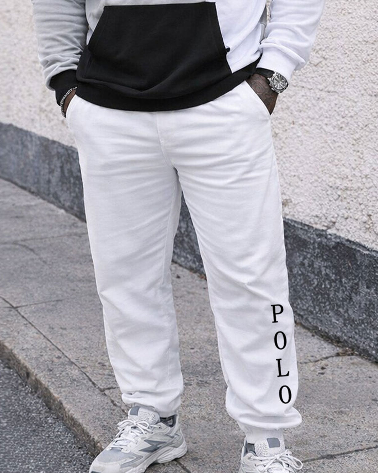 Large Size Men's Autumn And Winter Warm Classic Black Gray White Contrast Color Geometric Stitching Printed Hoodie Sweatpants Set