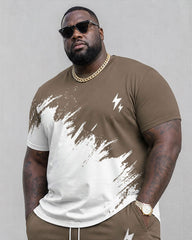 Big & Tall Men's Khaki * White Splash Ink Design Chest Small Label Letter Print Short Sleeve T-Shirt Pants Set